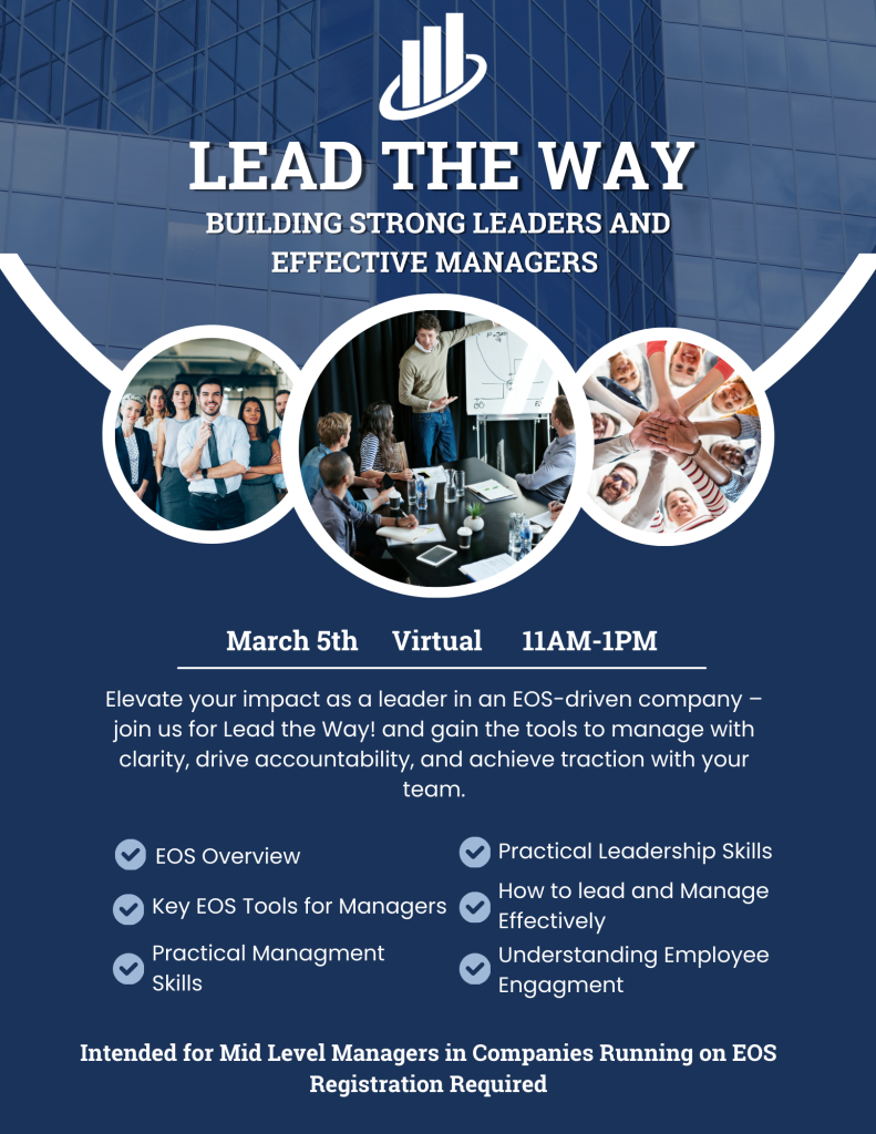 A promotional flyer for "Lead the Way," a virtual leadership and management training event on March 5th from 11 AM to 1 PM. The flyer features a blue corporate-style background with a business-themed logo, three circular images showcasing teamwork, leadership, and collaboration. Key topics include EOS overview, EOS tools for managers, practical management skills, leadership development, effective team management, and employee engagement. The event is designed for mid-level managers in EOS-run companies. Registration required.